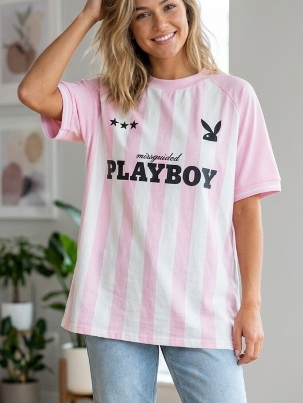 Playboy x Missguided Pink White Vertical Stripe Jersey Tee Shirt Size M